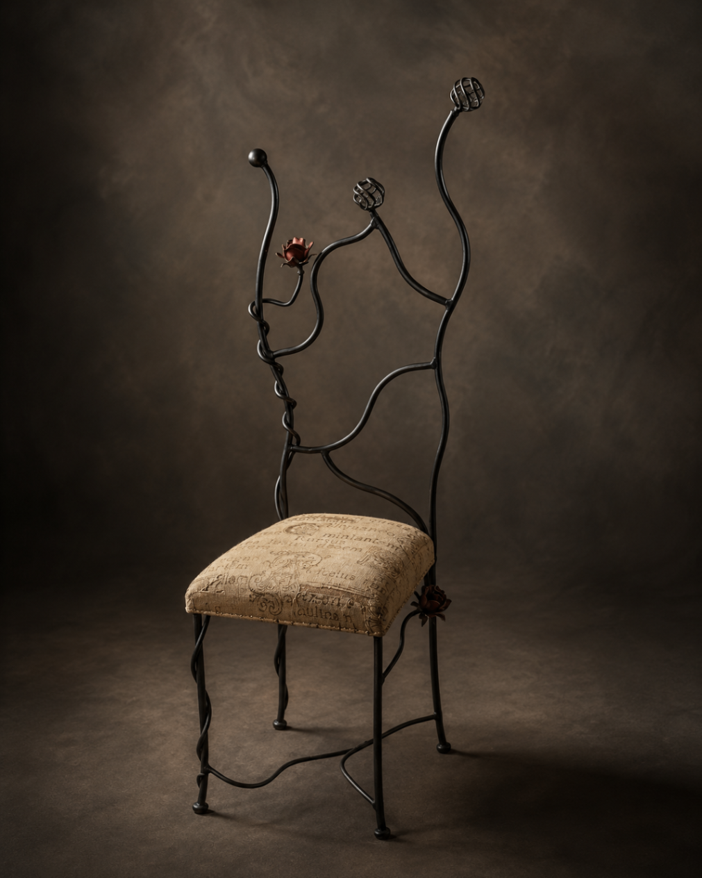 Hand-forged metal rose chair with twisting stems, copper rose details and a printed linen seat