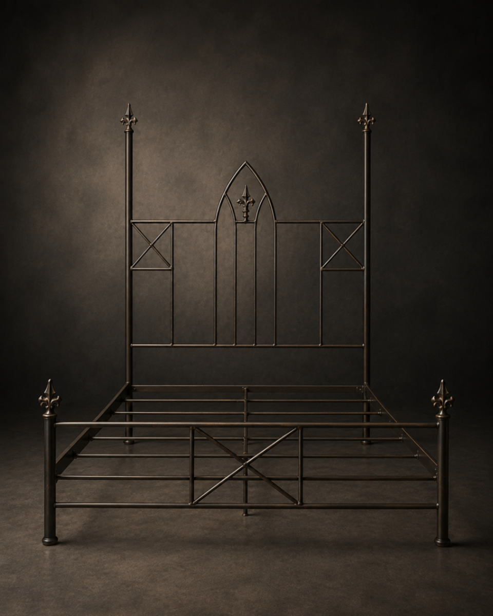 Hand-forged metal four-poster bed with a gothic arch headboard and fleur-de-lis finials