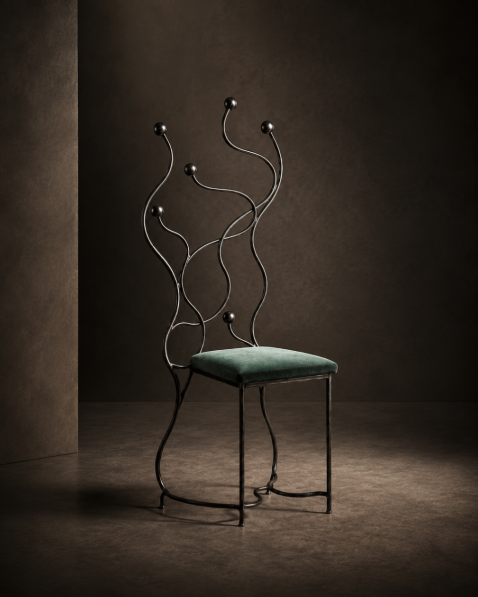Hand-forged metal chair with flowing curved stems topped with polished spheres and a green velvet seat